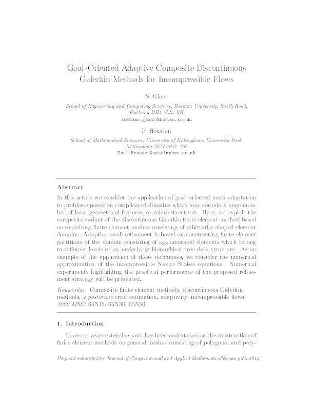 Goal-oriented adaptive composite discontinuous Galerkin methods for incompressible flows Thumbnail