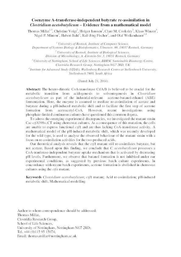 Coenzyme A-transferase-independent butyrate re-assimilation in Clostridium acetobutylicum - evidence from a mathematical model Thumbnail