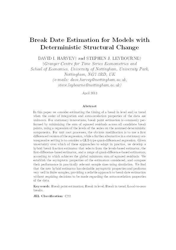 Break date estimation for models with deterministic structural change Thumbnail