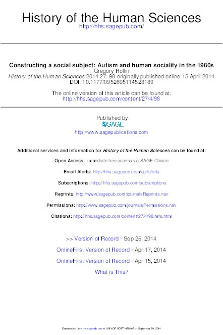 Constructing a social subject: autism and human sociality in the 1980s Thumbnail