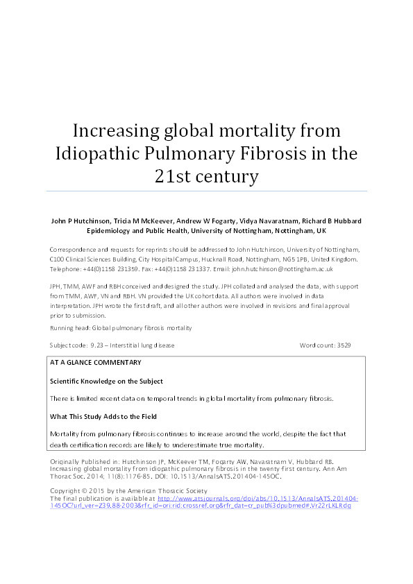 Increasing global mortality from idiopathic pulmonary fibrosis in the twenty-first century Thumbnail