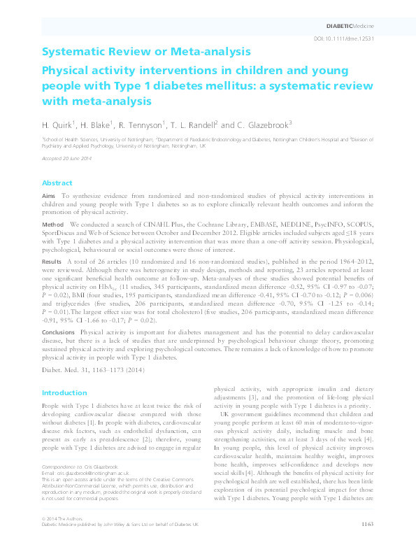 Physical activity interventions in children and young people with Type 1 diabetes mellitus: a systematic review with meta-analysis Thumbnail