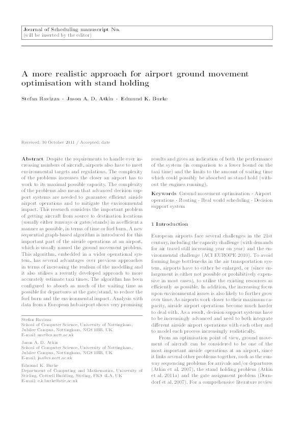 A more realistic approach for airport ground movement optimisation with stand holding Thumbnail