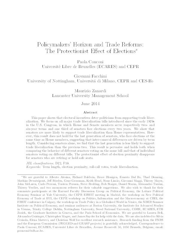 Policymakers’ horizon and trade reforms: the protectionist effect of elections Thumbnail