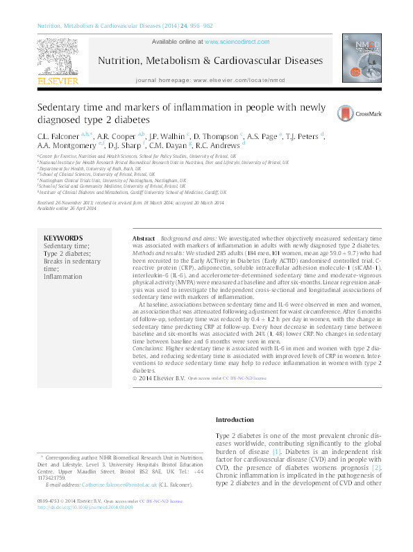 Sedentary time and markers of inflammation in people with newly diagnosed type 2 diabetes Thumbnail