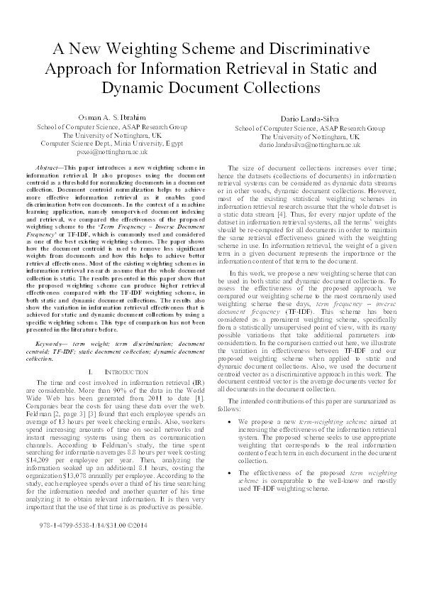 A new weighting scheme and discriminative approach for information retrieval in static and dynamic document collections Thumbnail
