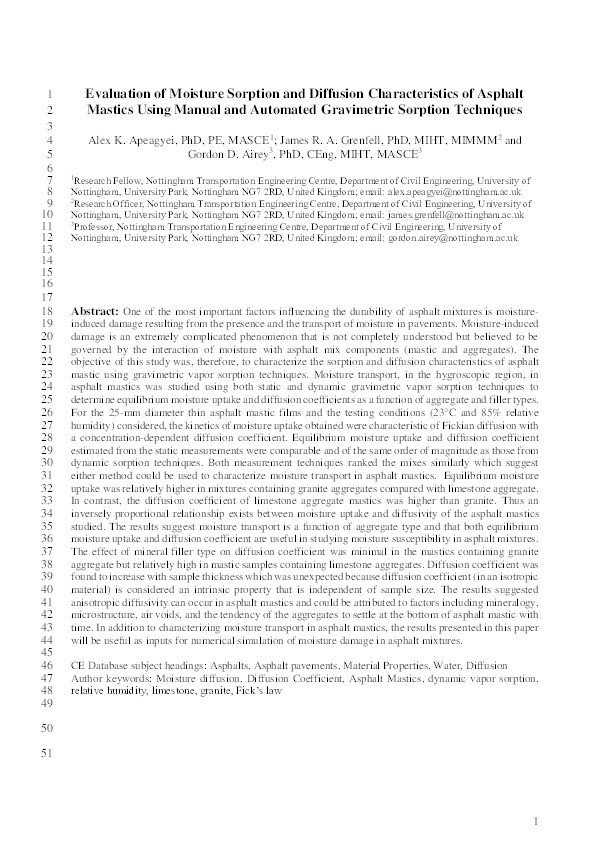 Evaluation of moisture sorption and diffusion characteristics of asphalt mastics using manual and automated gravimetric sorption techniques Thumbnail