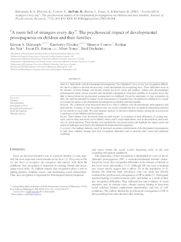 “A room full of strangers every day”: the psychosocial impact of developmental prosopagnosia on children and their families Thumbnail