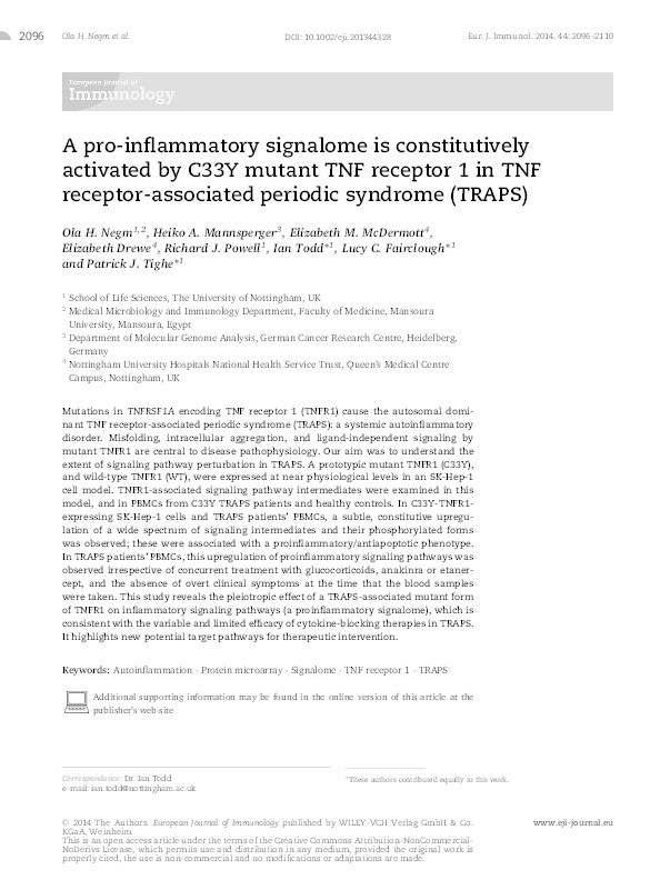 A pro-inflammatory signalome is constitutively activated by C33Y mutant TNF receptor 1 in TNF receptor-associated periodic syndrome (TRAPS) Thumbnail