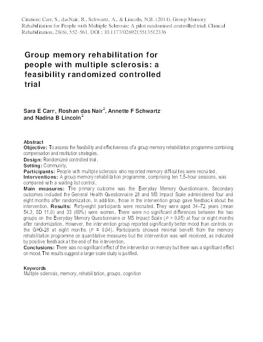 Group memory rehabilitation for people with multiple sclerosis: a feasibility randomized controlled trial Thumbnail
