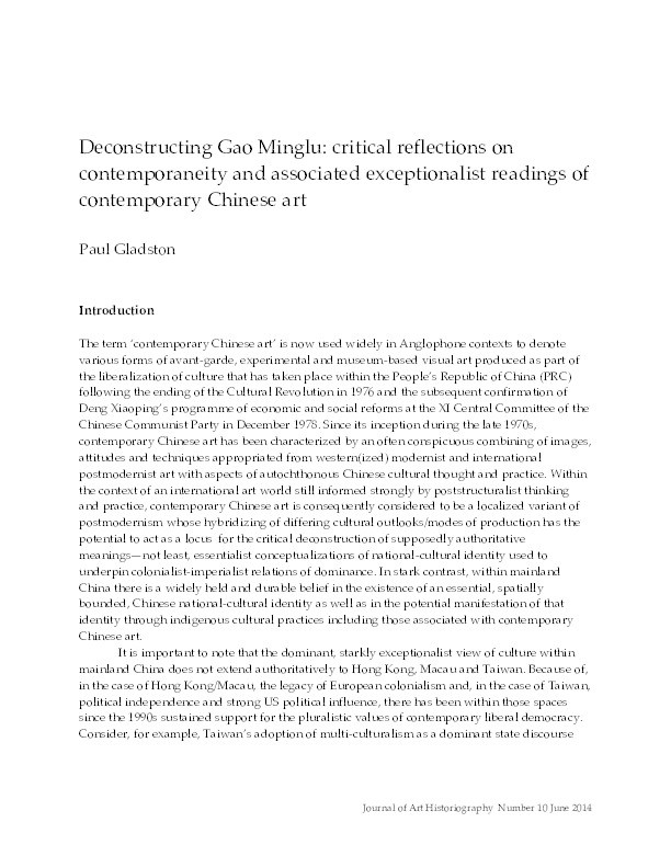 Deconstructing Gao Minglu: critical reflections on contemporaneity and associated exceptionalist readings of contemporary Chinese art Thumbnail
