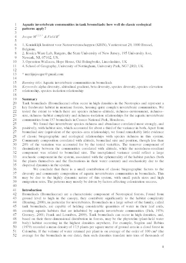 Aquatic invertebrate communities in tank bromeliads: how well do classic ecological patterns apply? Thumbnail