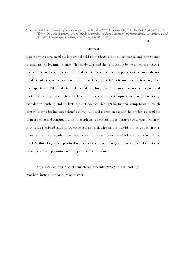 Do student perceptions of teaching predict the development of representational competence and biological knowledge? Thumbnail