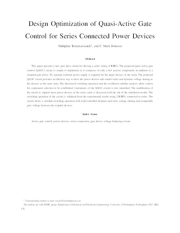 Design Optimization of Quasi-Active Gate Control for Series-Connected Power Devices Thumbnail