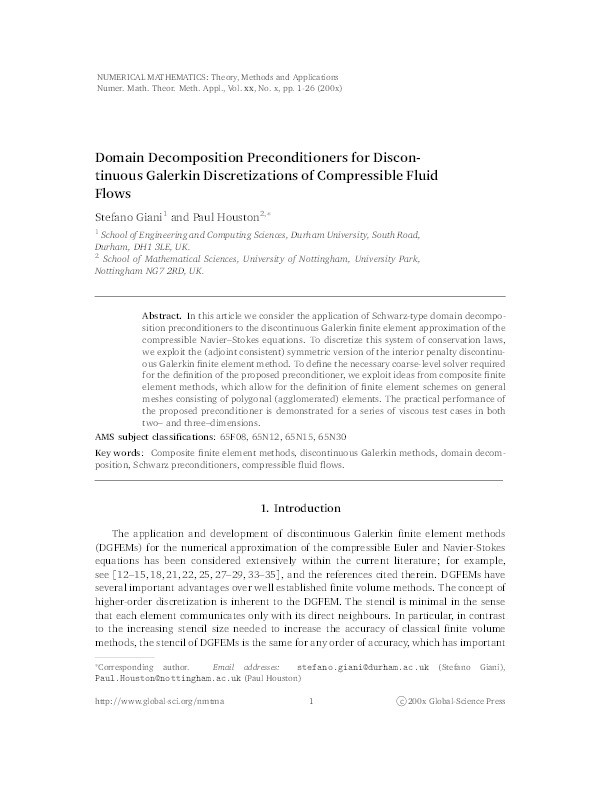 Domain decomposition preconditioners for discontinuous Galerkin discretizations of compressible fluid flows Thumbnail