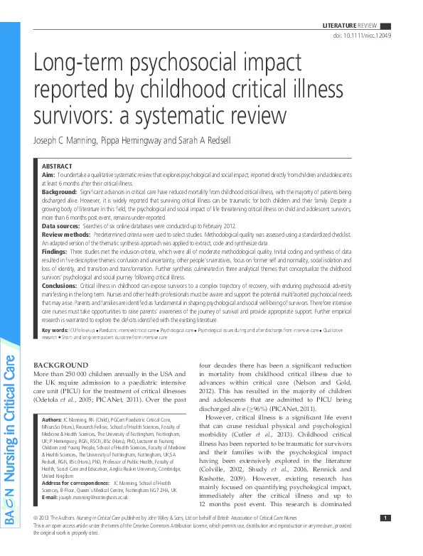 Long-term psychosocial impact reported by childhood critical illness survivors: a systematic review Thumbnail