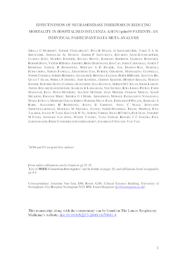 Effectiveness of neuraminidase inhibitors in reducing mortality in patients admitted to hospital with influenza A H1N1pdm09 virus infection: a meta-analysis of individual participant data Thumbnail