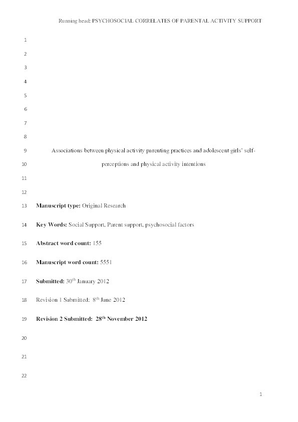 Associations between Physical Activity Parenting Practices and Adolescent Girls’ Self-Perceptions and Physical Activity Intentions Thumbnail
