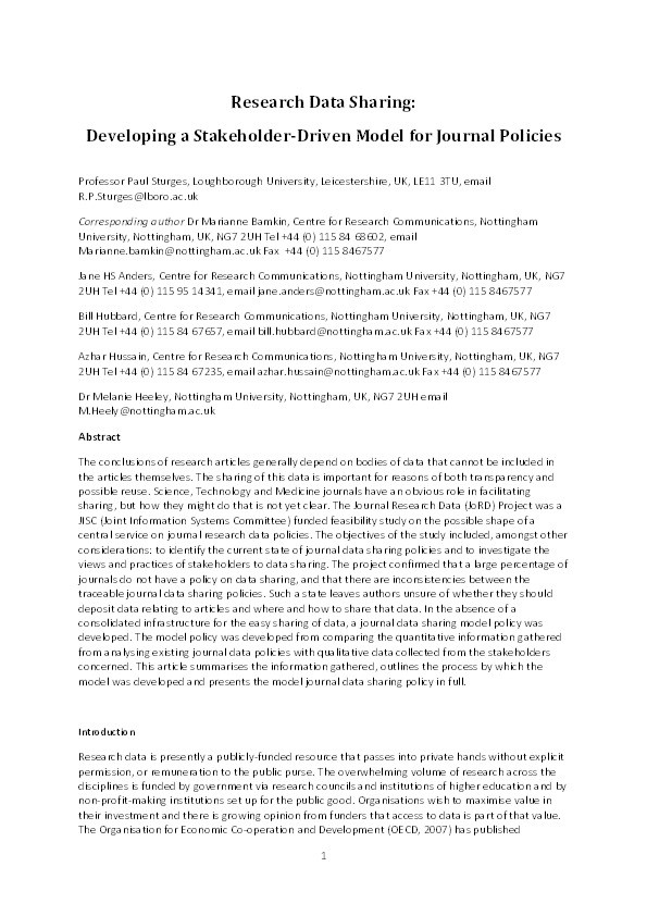 Research data sharing: developing a stakeholder-driven model for journal policies Thumbnail