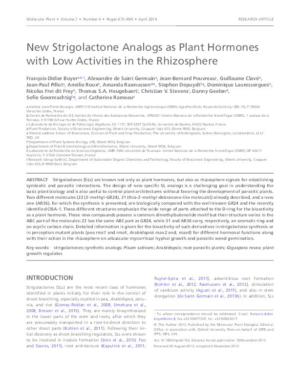 New Strigolactone Analogs as Plant Hormones with Low Activities in the Rhizosphere Thumbnail
