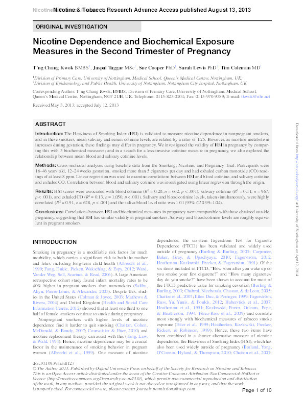 Nicotine dependence and biochemical exposure measures in the second trimester of pregnancy Thumbnail