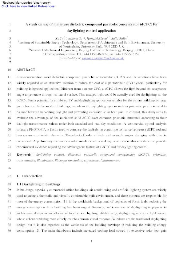 A study on use of miniature dielectric compound parabolic concentrator (dCPC) for daylighting control application Thumbnail
