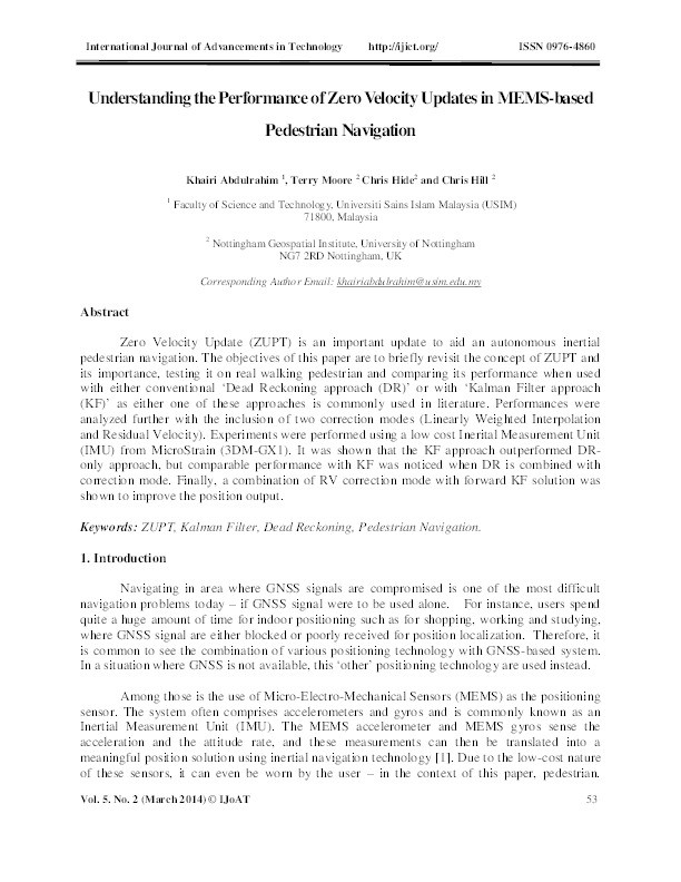 Understanding the performance of zero velocity updates in MEMS-based pedestrian navigation Thumbnail