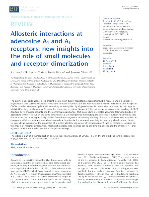 Allosteric interactions at adenosine A1 and A3 receptors: new insights into the role of small molecules and receptor dimerization Thumbnail