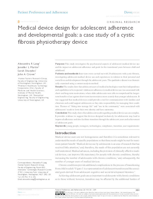 Medical device design for adolescent adherence and developmental goals: a case study of a cystic fibrosis physiotherapy device Thumbnail