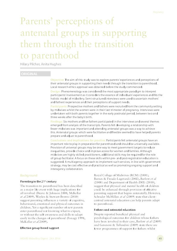 Parent's perceptions of antenatal groups in supporting them through the transition to parenthood Thumbnail