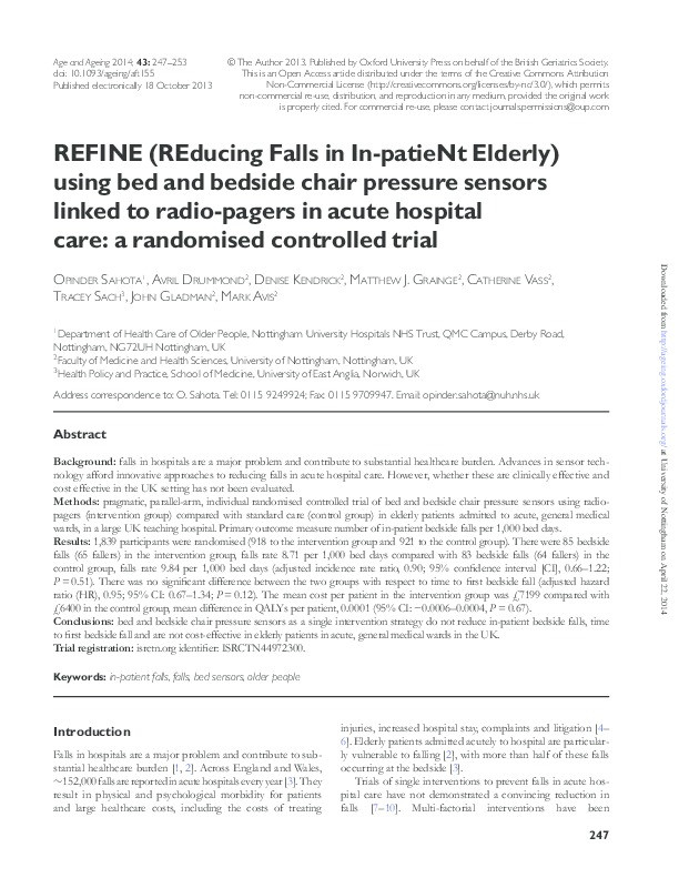 REFINE (REducing Falls in In-patieNt Elderly) using bed and bedside chair pressure sensors linked to radio-pagers in acute hospital care: a randomised controlled trial Thumbnail