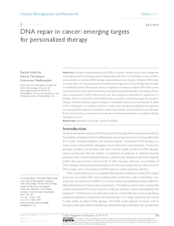 DNA repair in cancer: emerging targets for personalized therapy Thumbnail
