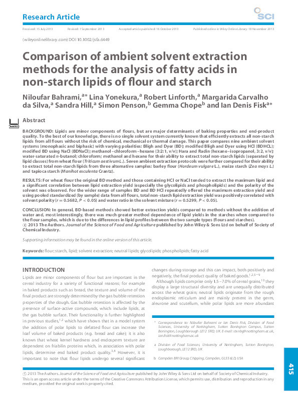Comparison of ambient solvent extraction methods for the analysis of fatty acids in non-starch lipids of ?our and starch Thumbnail