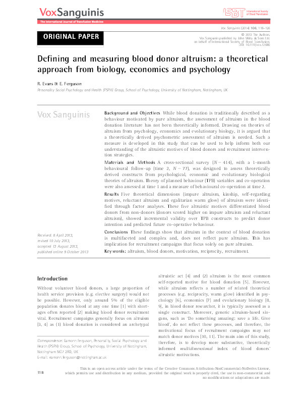 Defining and measuring blood donor altruism: a theoretical approach from biology, economics and psychology Thumbnail