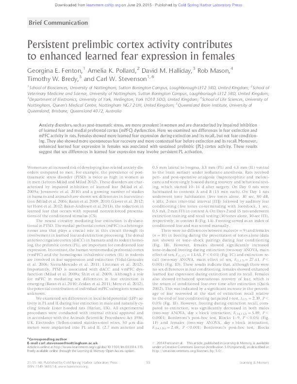 Persistent prelimbic cortex activity contributes to enhanced learned fear expression in females Thumbnail