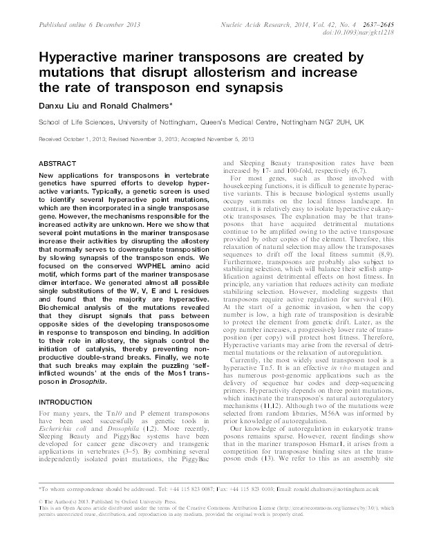 Hyperactive mariner transposons are created by mutations that disrupt allosterism and increase the rate of transposon end synapsis Thumbnail