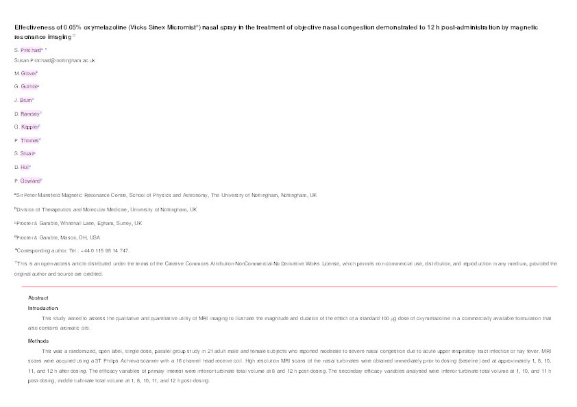 Effectiveness of 0.05% oxymetazoline (Vicks Sinex Micromist) nasal spray in the treatment of objective nasal congestion demonstrated to 12h post-administration by magnetic resonance imaging Thumbnail