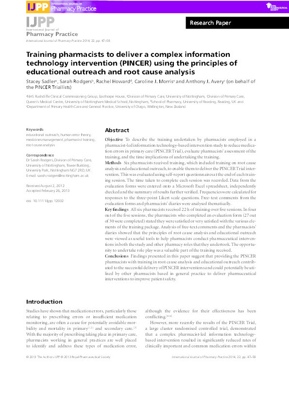 Training pharmacists to deliver a complex information technology intervention (PINCER) using the principles of educational outreach and root cause analysis Thumbnail