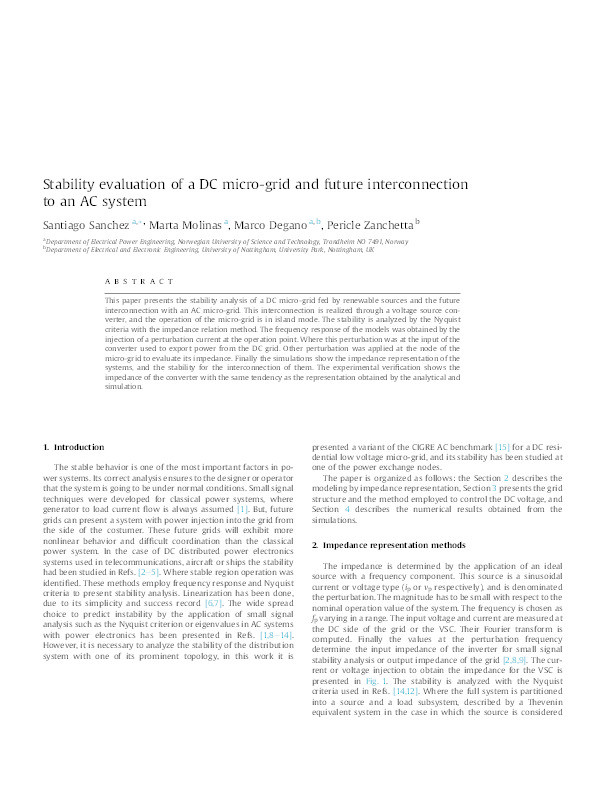 Stability evaluation of a DC micro-grid and future interconnection to an AC system Thumbnail