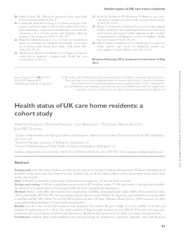 Health status of UK care home residents: a cohort study Thumbnail
