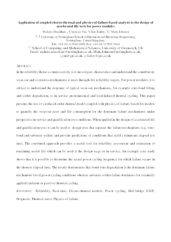 Application of coupled electro-thermal and physics-of-failure-based analysis to the design of accelerated life tests for power modules Thumbnail