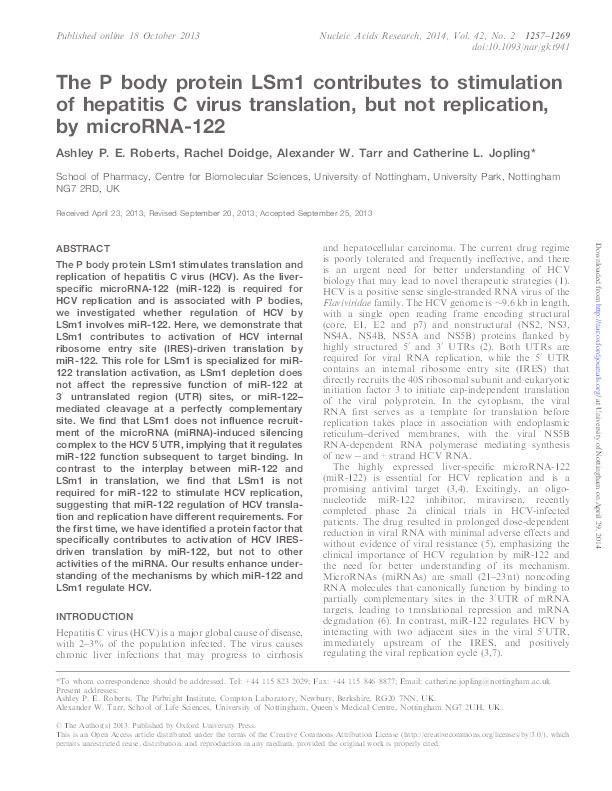 The P body protein LSm1 contributes to stimulation of hepatitis C virus translation, but not replication, by microRNA-122 Thumbnail