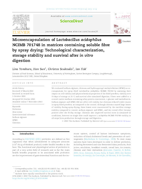 Microencapsulation of Lactobacillus acidophilus NCIMB 701748 in matrices containing soluble fibre by spray drying: technological characterization, storage stability and survival after in vitro digestion Thumbnail