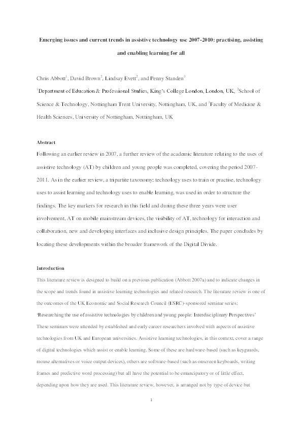 Emerging issues and current trends in assistive technology use 2007-1010: practising, assisting and enabling learning for all Thumbnail