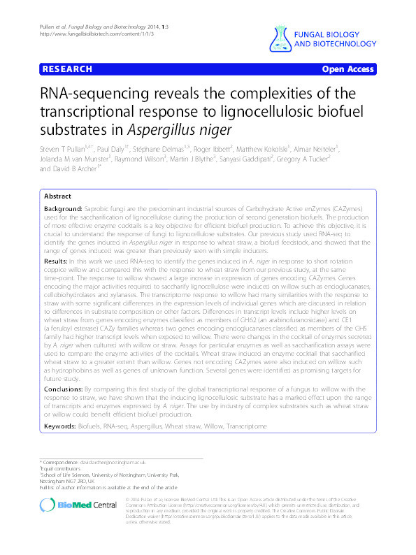 RNA-sequencing reveals the complexities of the transcriptional response to lignocellulosic biofuel substrates in Aspergillus niger Thumbnail