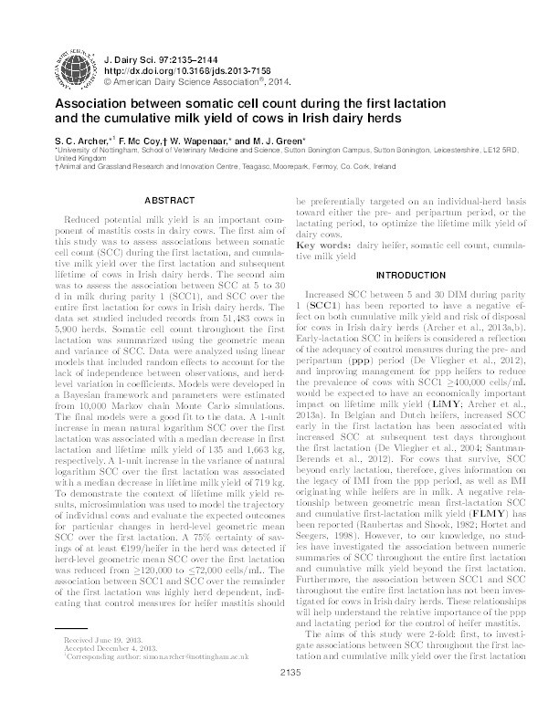 Association between somatic cell count during the first lactation and the cumulative milk yield of cows in Irish dairy herds Thumbnail