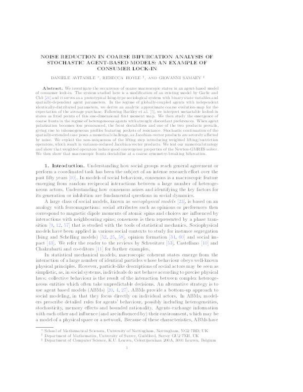 Noise reduction in coarse bifurcation analysis of stochastic agent-based models: an example of consumer lock-in Thumbnail