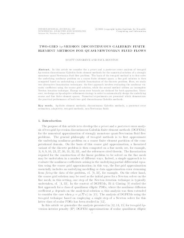 Two-grid hp-version discontinuous Galerkin finite element methods for quasi-Newtonian fluid flows Thumbnail