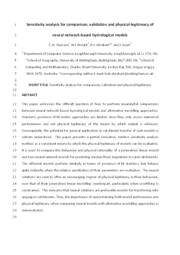 Sensitivity analysis for comparison, validation and physical-legitimacy of neural network-based hydrological models Thumbnail