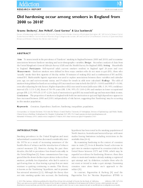 Did hardening occur among smokers in England from 2000 to 2010? Thumbnail